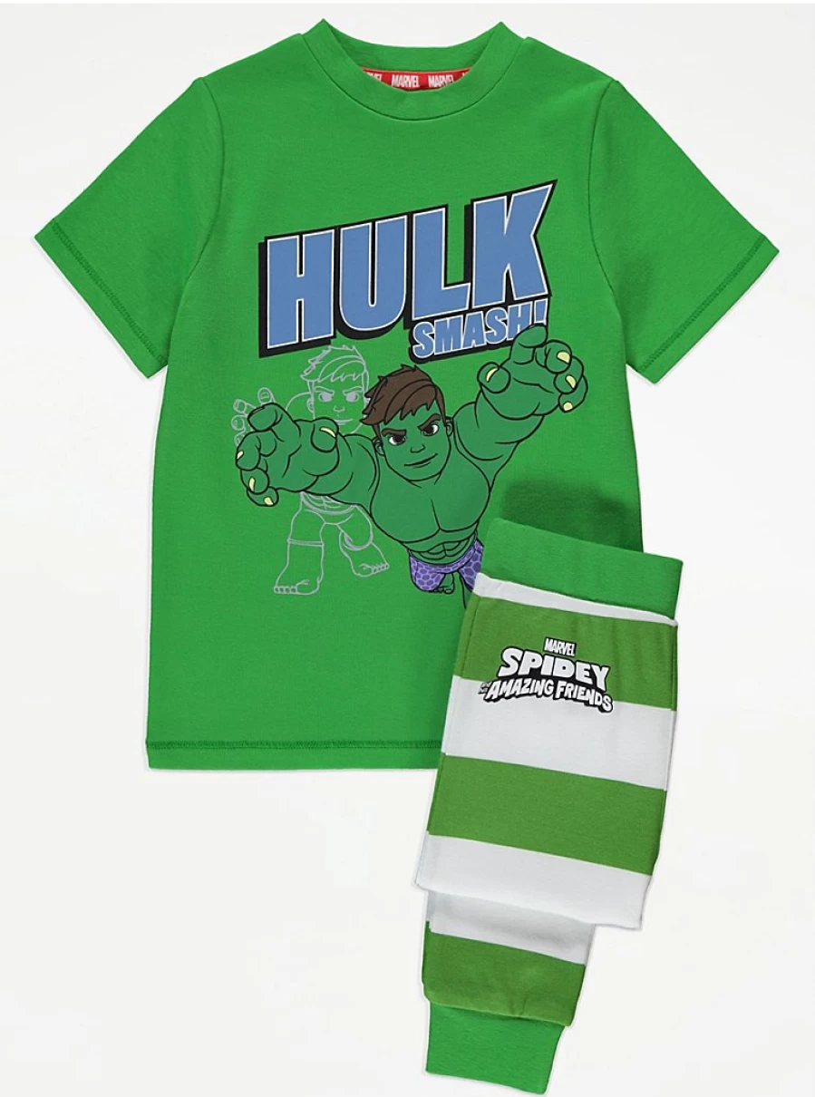 Boys Marvel Hulk Smash Green Stripe Short Sleeve Pyjamas | George at Asda
