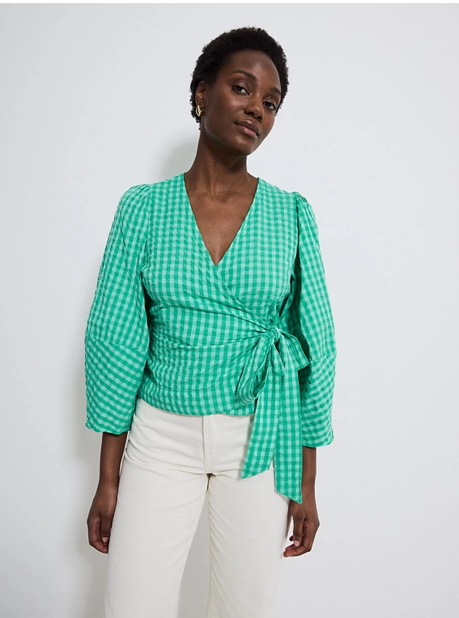 "George at Asda Women's Green Checked Wrap Blouse Long Sleeve Review"