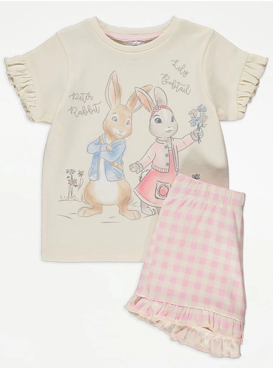 "George at Asda Kids' Peter Rabbit Lily Bobtail Pink Gingham Short Pyjamas – Comfortable Sleepwear for Children"