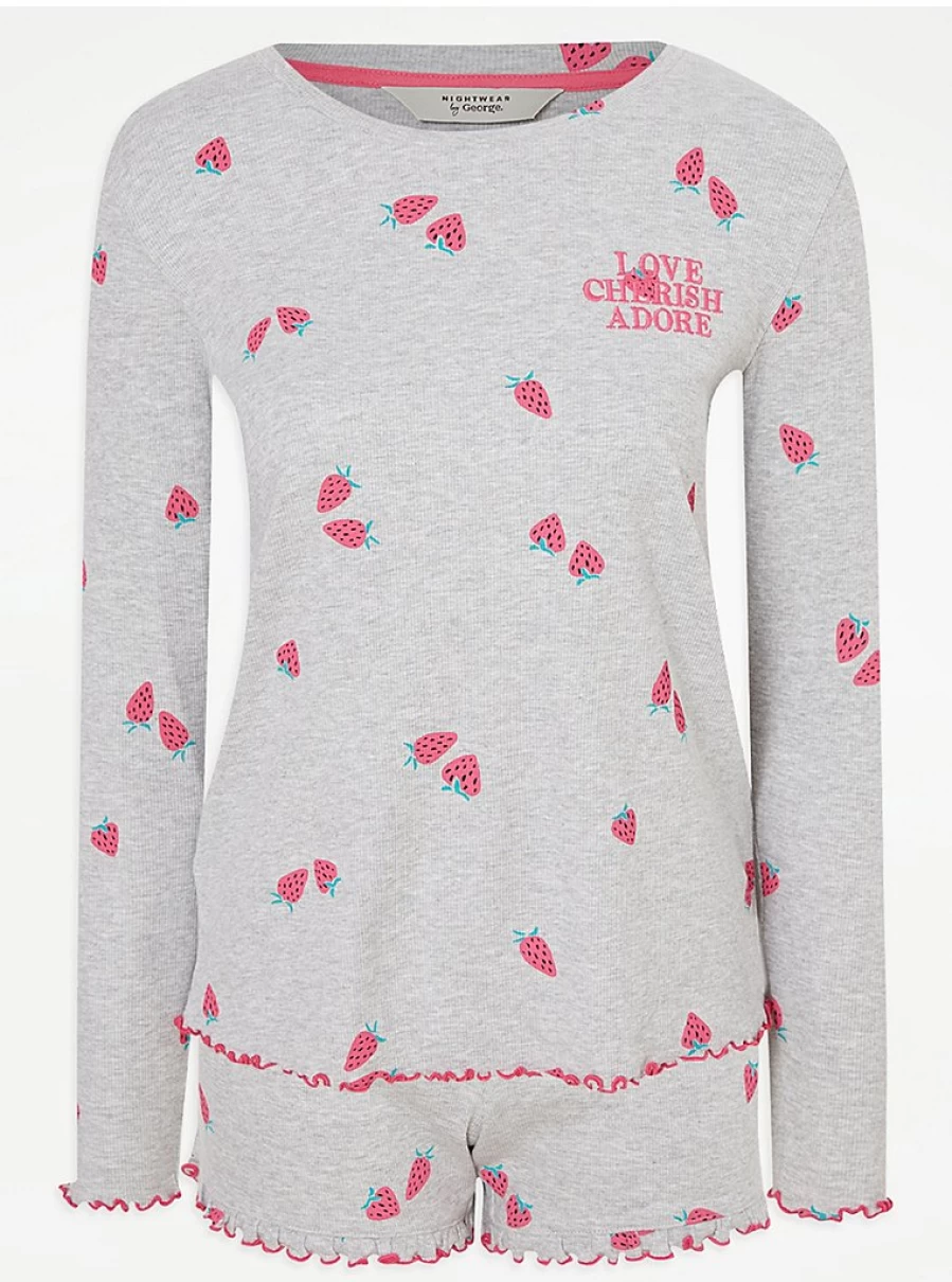"George at Asda Grey Ribbed Long Sleeve Strawberry Print Pyjama Set - Women's Sleepwear & Lingerie"