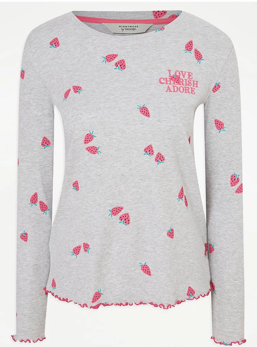 "George at Asda Grey Ribbed Long Sleeve Strawberry Print Pyjama Set - Women's Sleepwear & Lingerie"