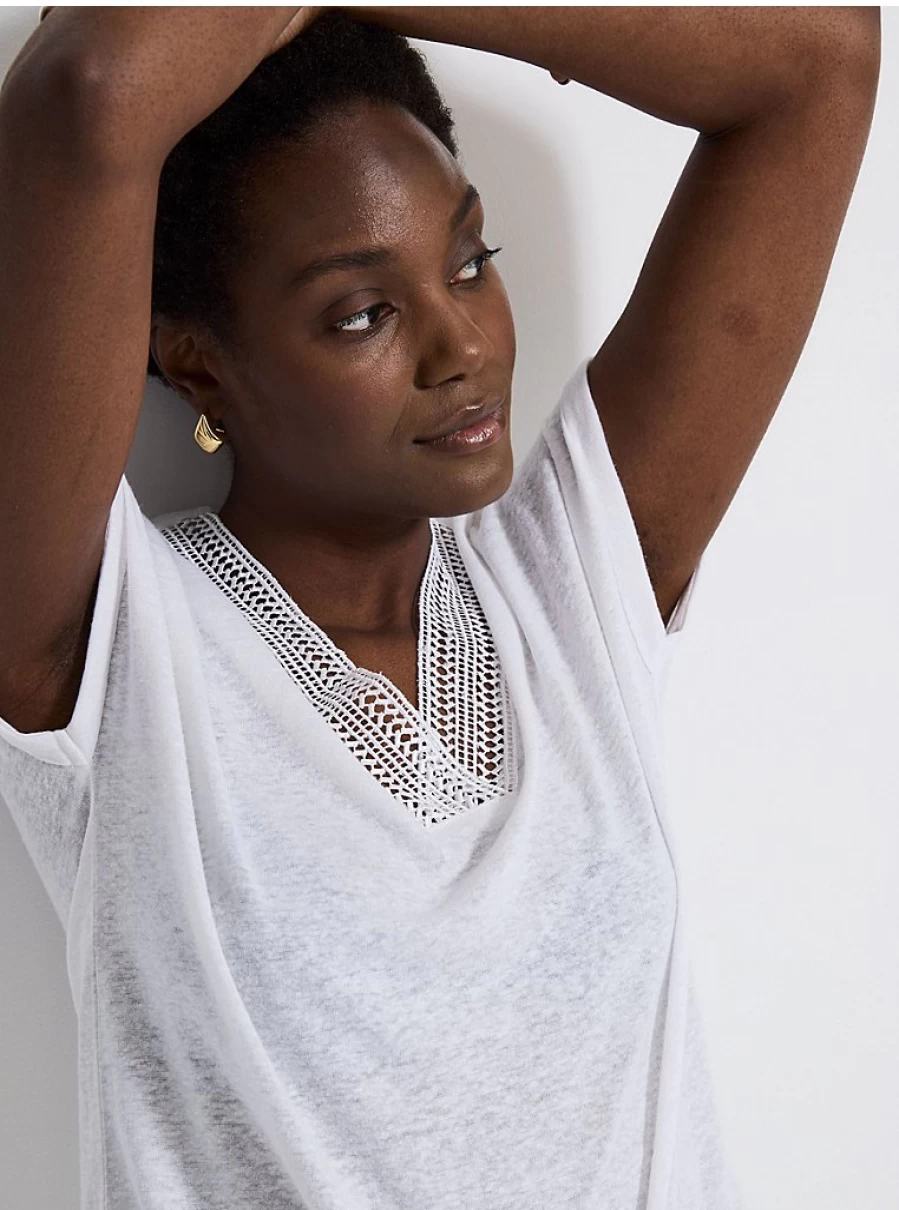 "George at Asda Women's White Crochet Linen Blend V-Neck Top – Comfortable & Stylish"