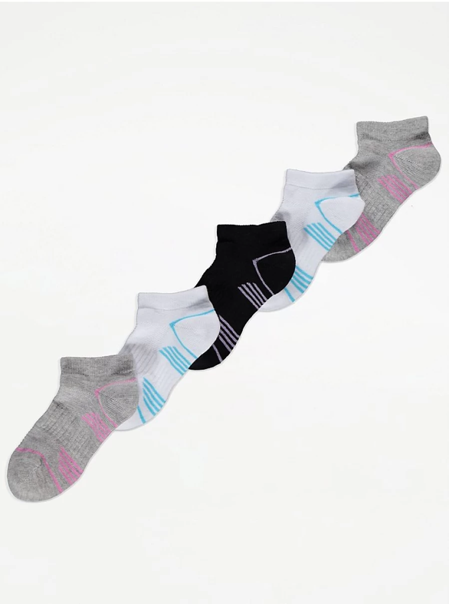 "George at Asda Kids' Striped Sole Arch Support Trainer Liner Socks 5-Pack – Comfort & Durability"