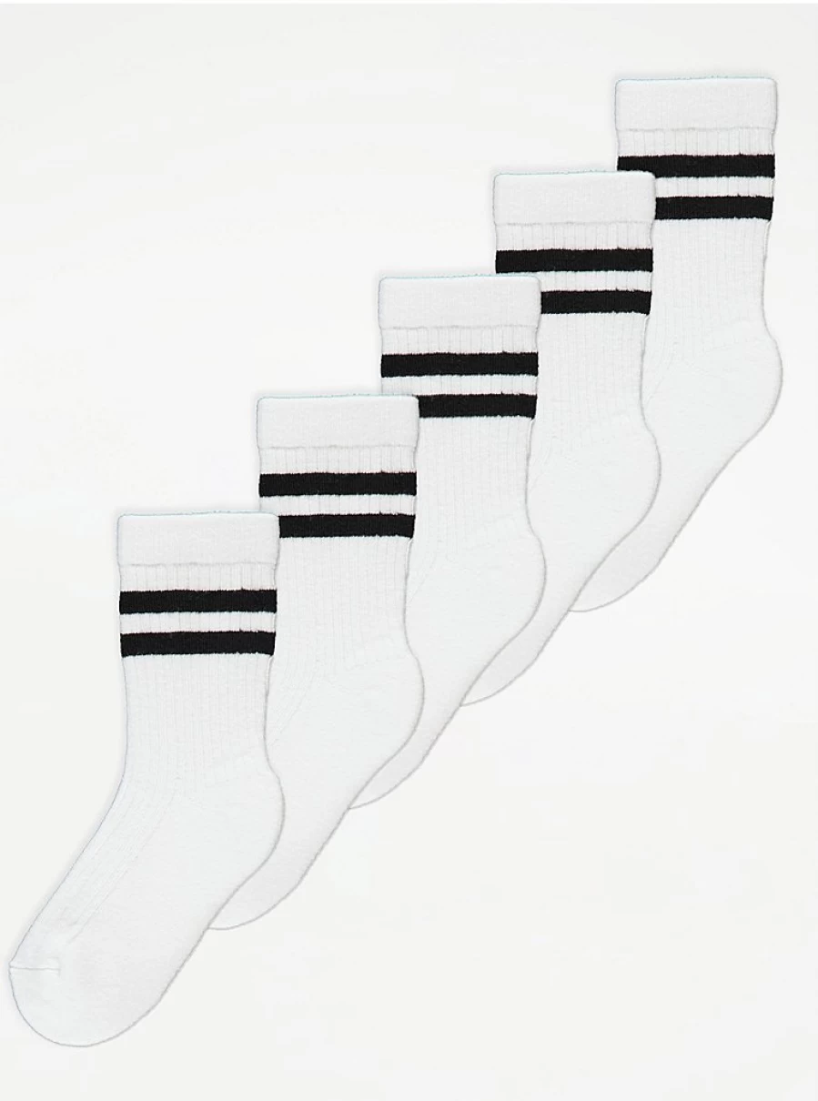 George at Asda Kids' 5-Pack White Ribbed Ankle Socks with Double Stripe Design