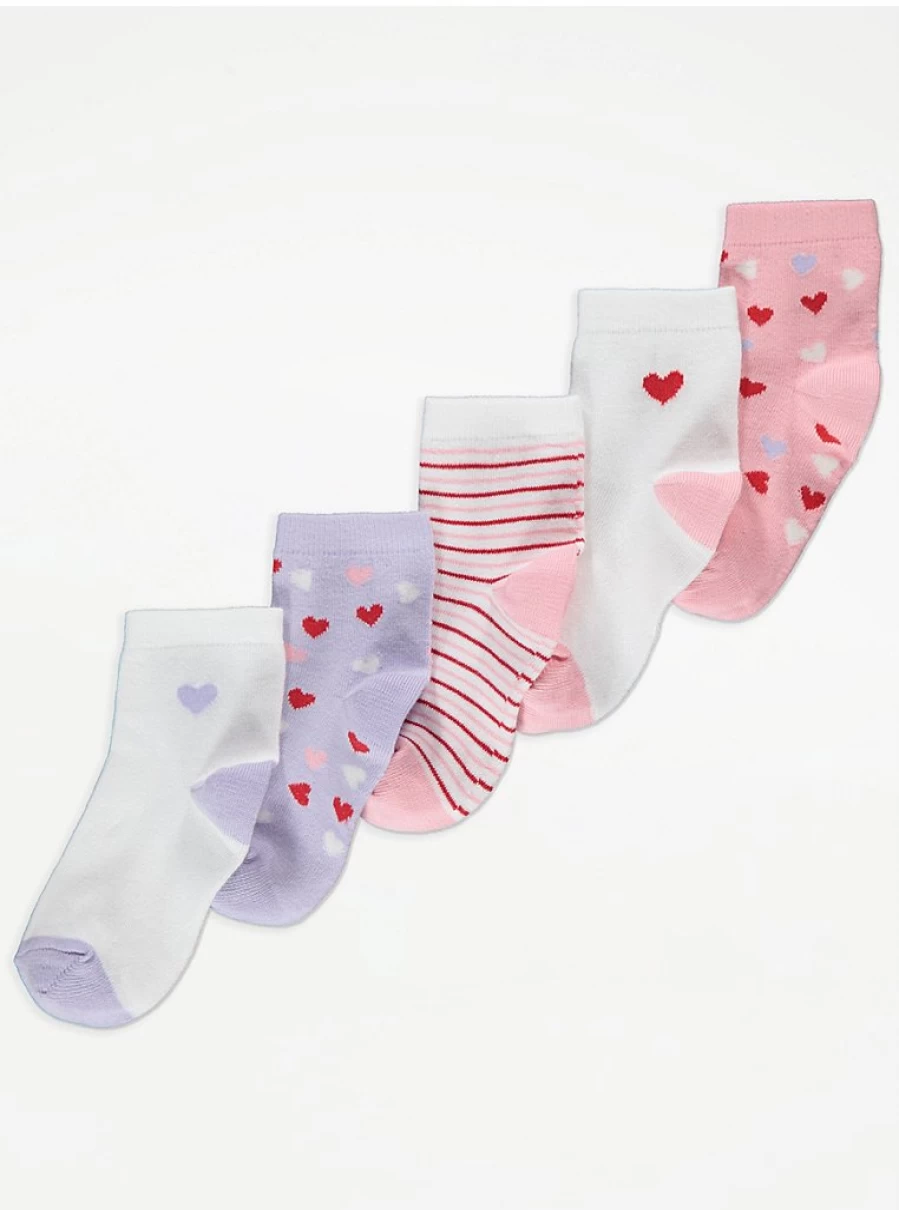 "George at Asda Kids' Heart Print Cotton Ankle Socks - 5 Pack | Comfort & Style"