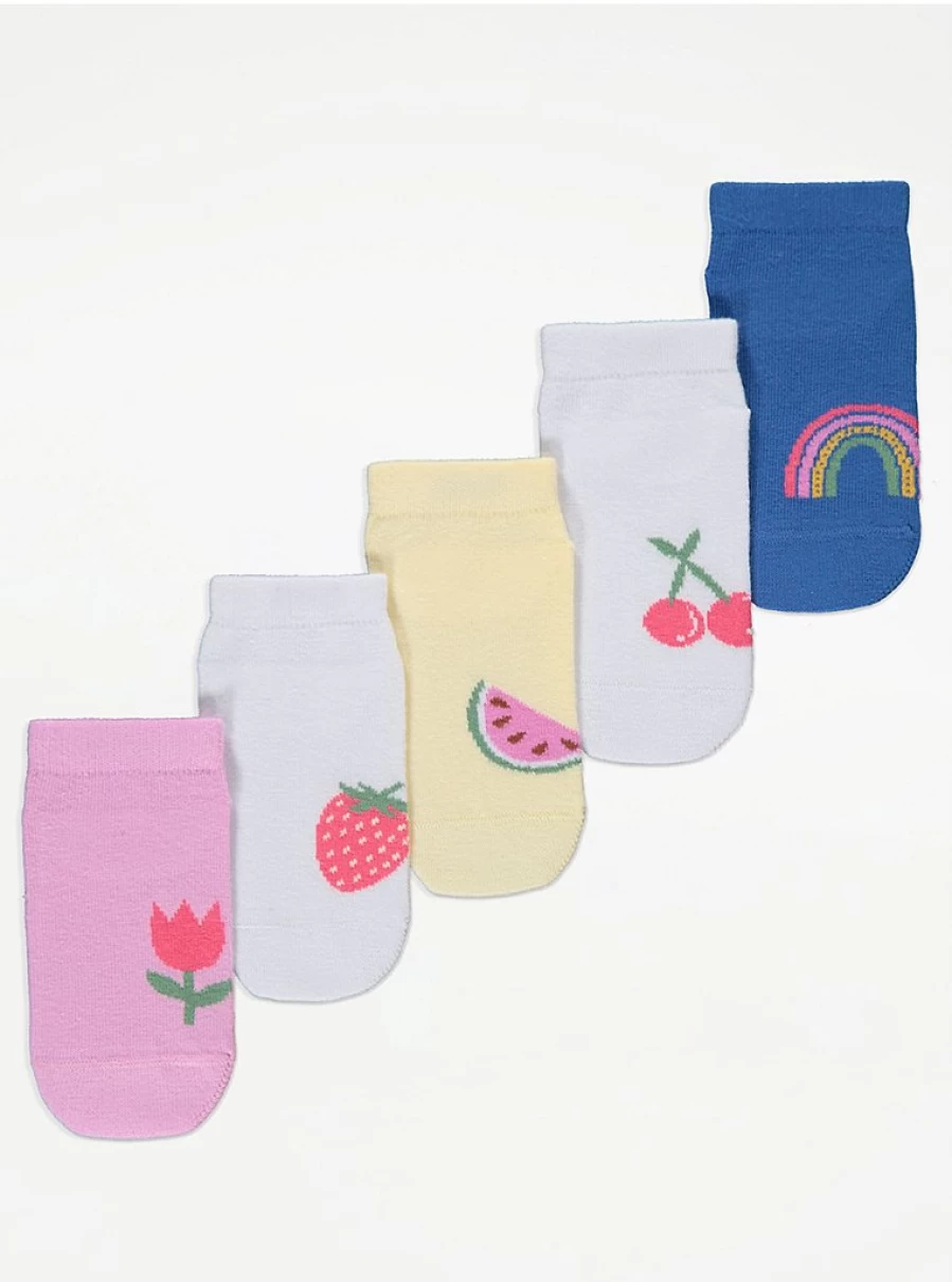 "George at Asda Kids' Bright Fruit Trainer Liner Socks - 5 Pack | Comfortable & Fun Designs"