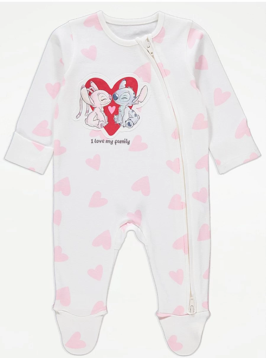 Disney Lilo & Stitch Baby Sleepsuit with Heart Design - 2-Way Zip Pajamas by George at Asda
