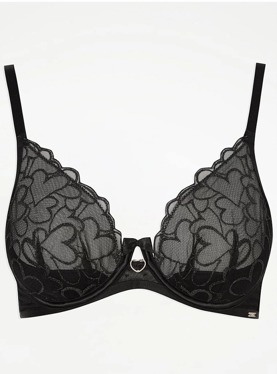 "George at Asda Women's Entice Black Embroidered Heart Lace Plunge Bra | Lingerie Reviews"