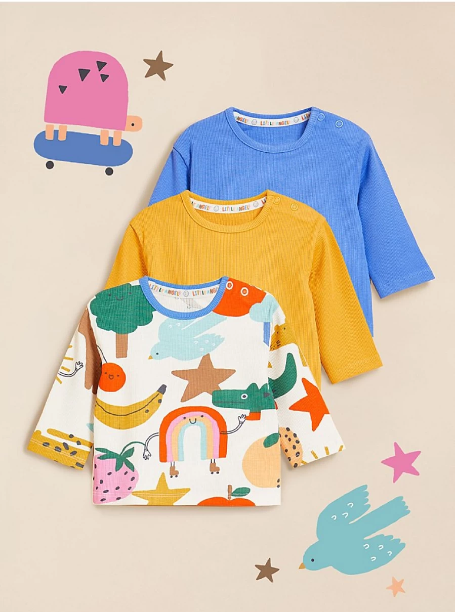 George at Asda Baby Girls' 3-Pack Ribbed Long Sleeve Tops - Soft Comfortable Essentials