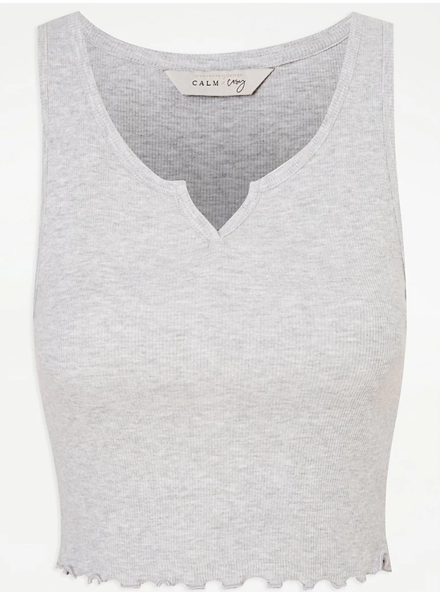 Grey Ribbed Cropped Pajama Vest with Lettuce Trim | George at Asda Lingerie