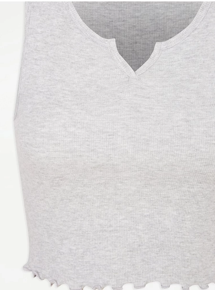 Grey Ribbed Cropped Pajama Vest with Lettuce Trim | George at Asda Lingerie