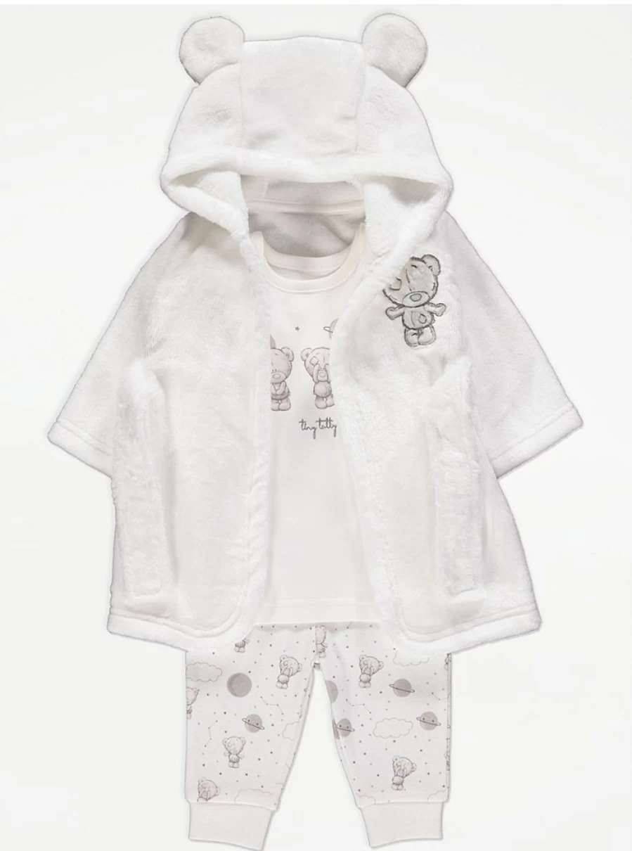 George at Asda Baby Tatty Teddy White Dressing Gown & Pyjamas Set - Soft Comfortable Sleepwear for Infants