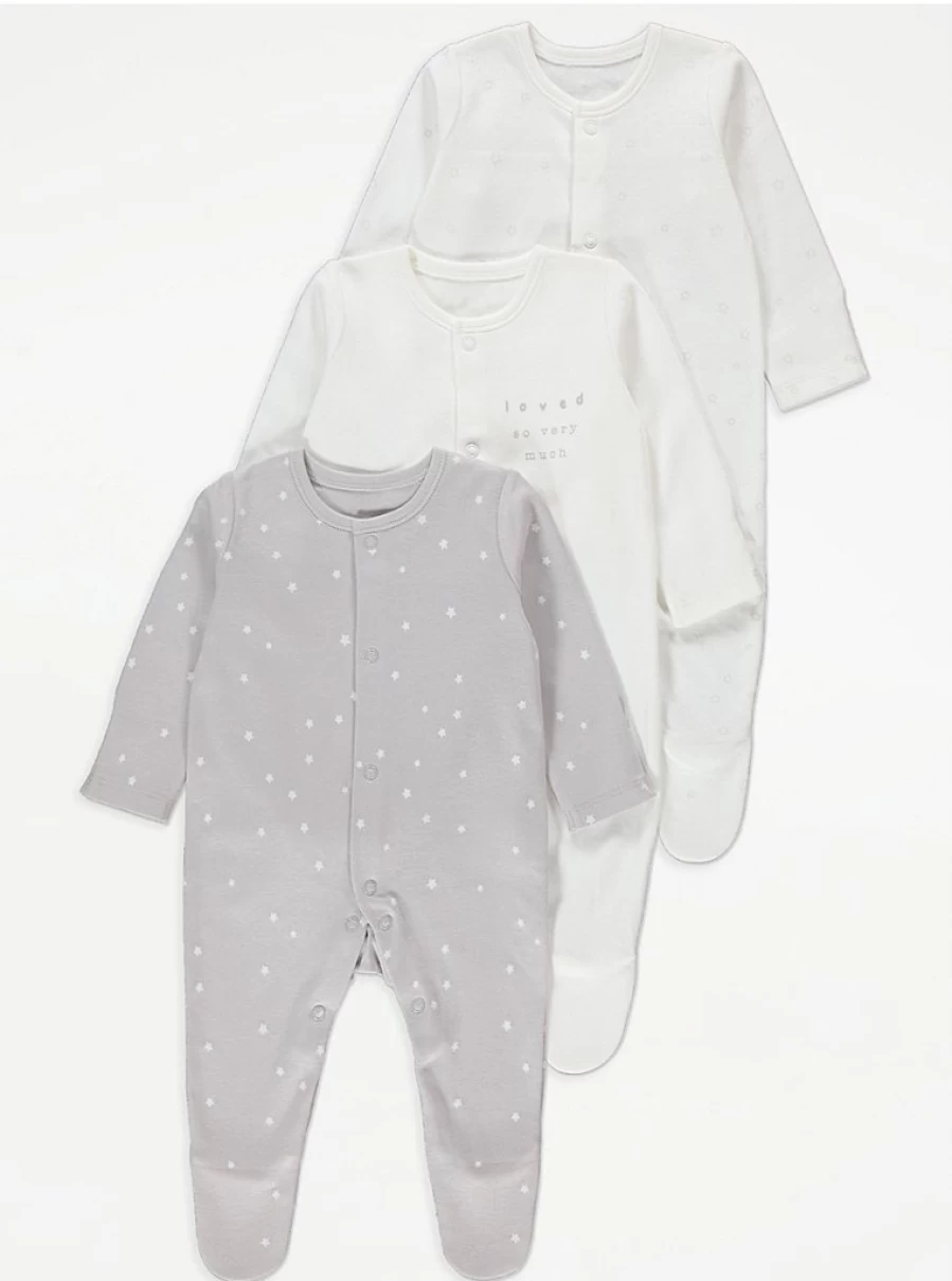 George at Asda Baby Boys/Girls White Star Print Long Sleeve Sleepsuits 3-Pack - Soft Cotton Pajamas