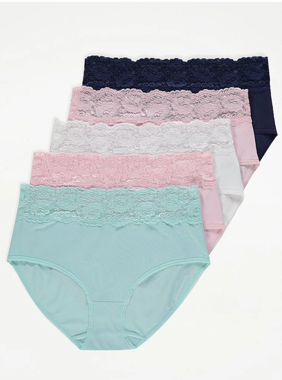 "George at Asda Women's Lace Trim Full Briefs 5-Pack | Comfortable Cotton Underwear | Lingerie Set"