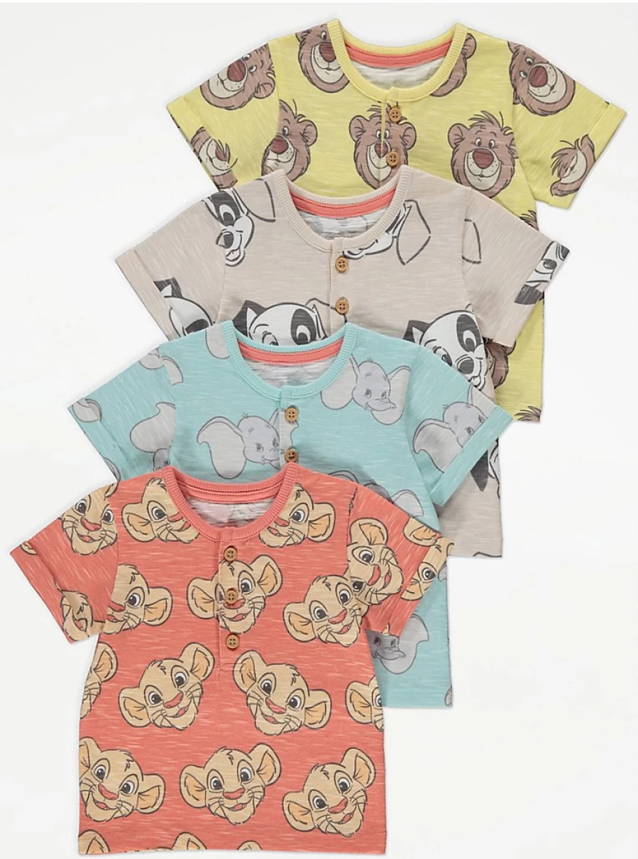George at Asda Baby Disney Character 4-Pack Button T-Shirts | Soft Cotton Infant Tops