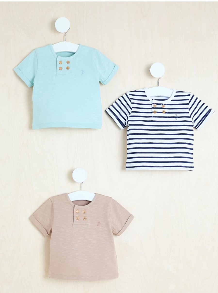 George at Asda Boys' Button Neck T-Shirts 3 Pack | Baby & Toddler Tee Set