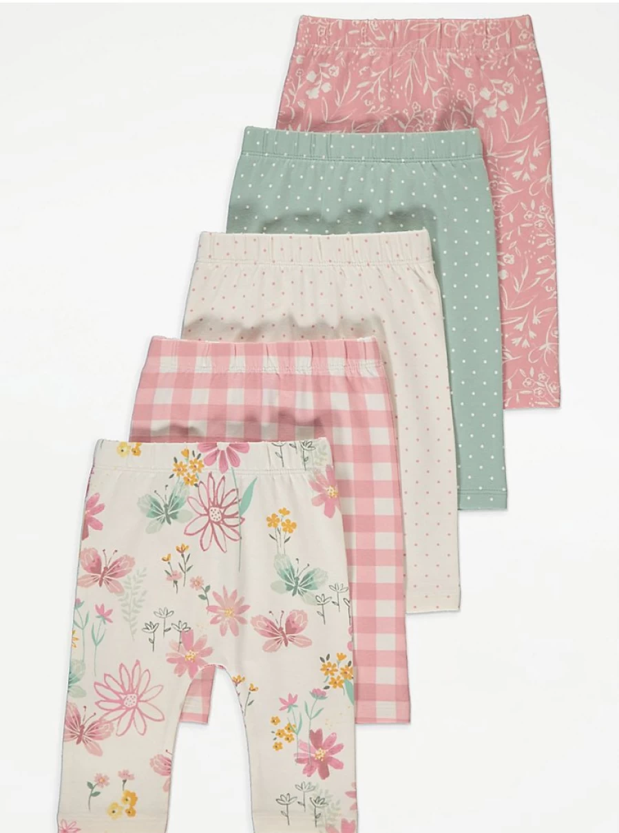 George at Asda Baby Girls' Floral Dot Gingham Leggings 5-Pack - Soft Stretchy Toddler Leggings Set