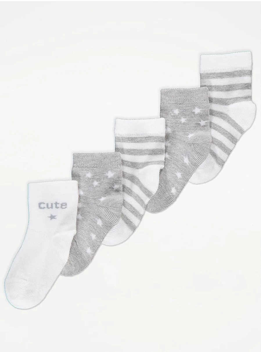 George at Asda Baby Grey Star Stripe Socks 5-Pack - Soft Comfortable Ankle Socks for Infants & Toddlers