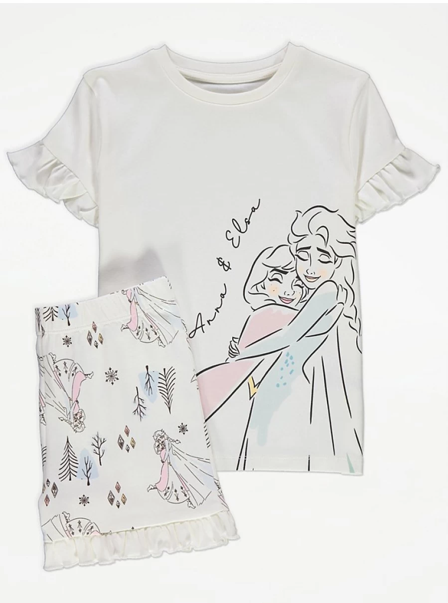George at Asda Disney Frozen Girls' White Frill Short Pyjamas | Kids' Summer Nightwear | Official Licensed Character PJs