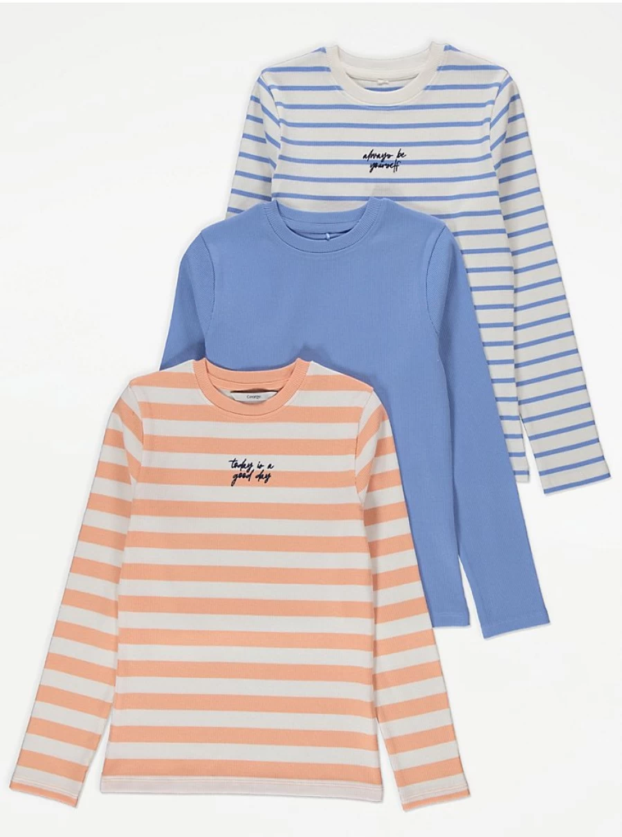 "George at Asda Kids' 3 Pack Striped Long Sleeve Ribbed Tops – Comfort & Style"