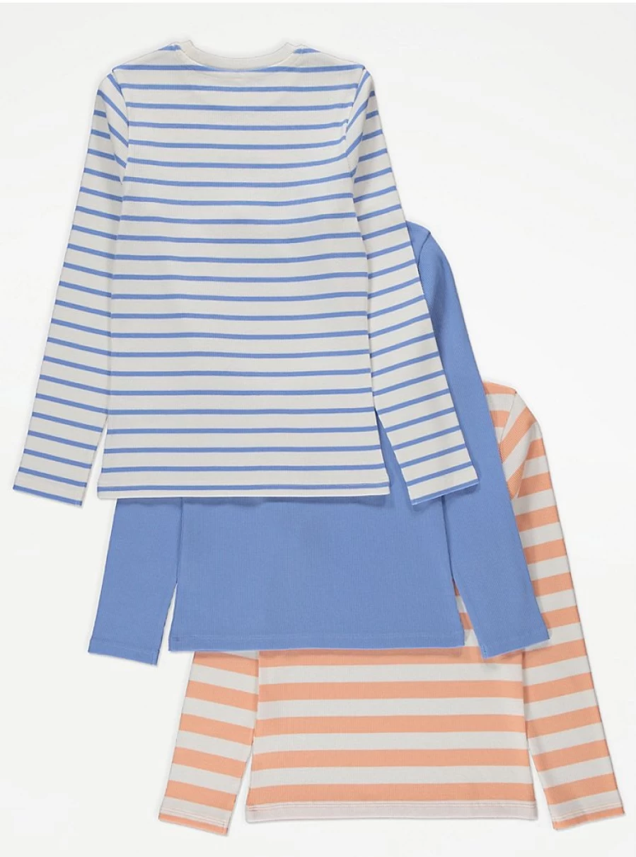 "George at Asda Kids' 3 Pack Striped Long Sleeve Ribbed Tops – Comfort & Style"
