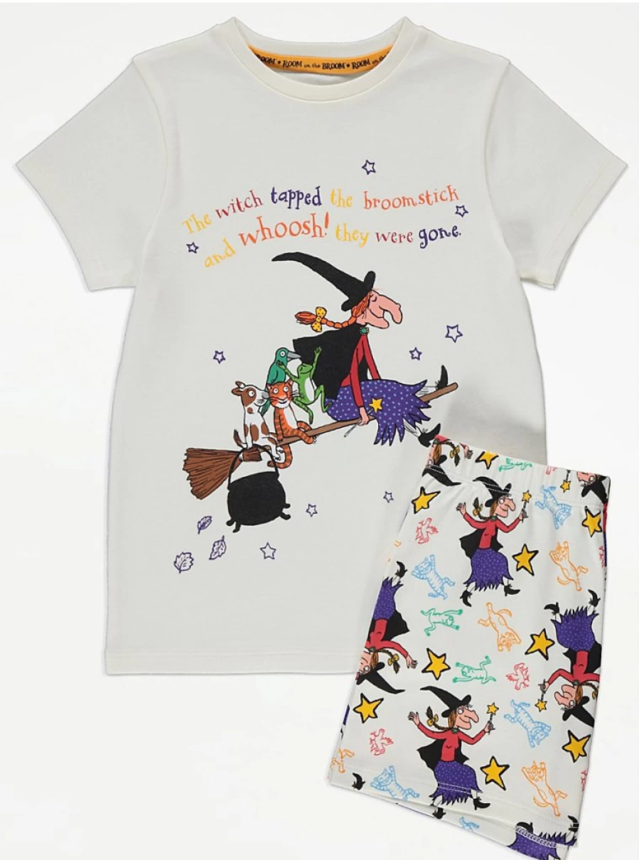 "George at Asda Kids Room On The Broom White Short Pyjamas – Comfortable & Cute Sleepwear"