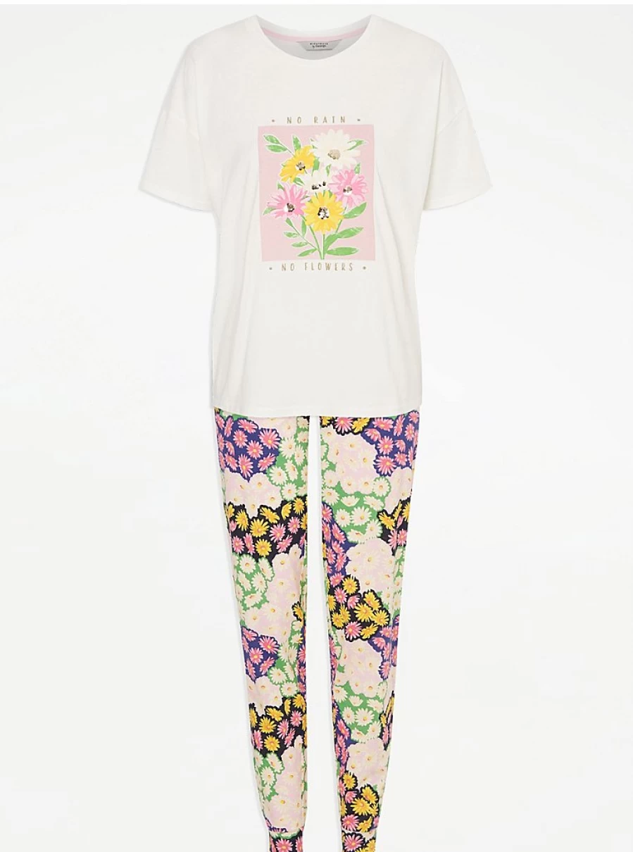 "George at Asda Floral Print Short Sleeve Pyjamas - No Rain No Flowers Design"