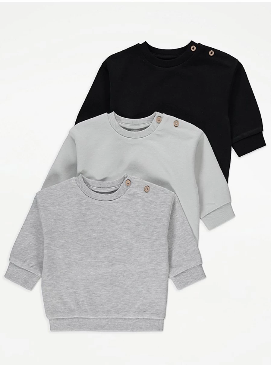 "George at Asda Baby Button Shoulder Sweatshirts 3-Pack | Soft Cotton Comfort"