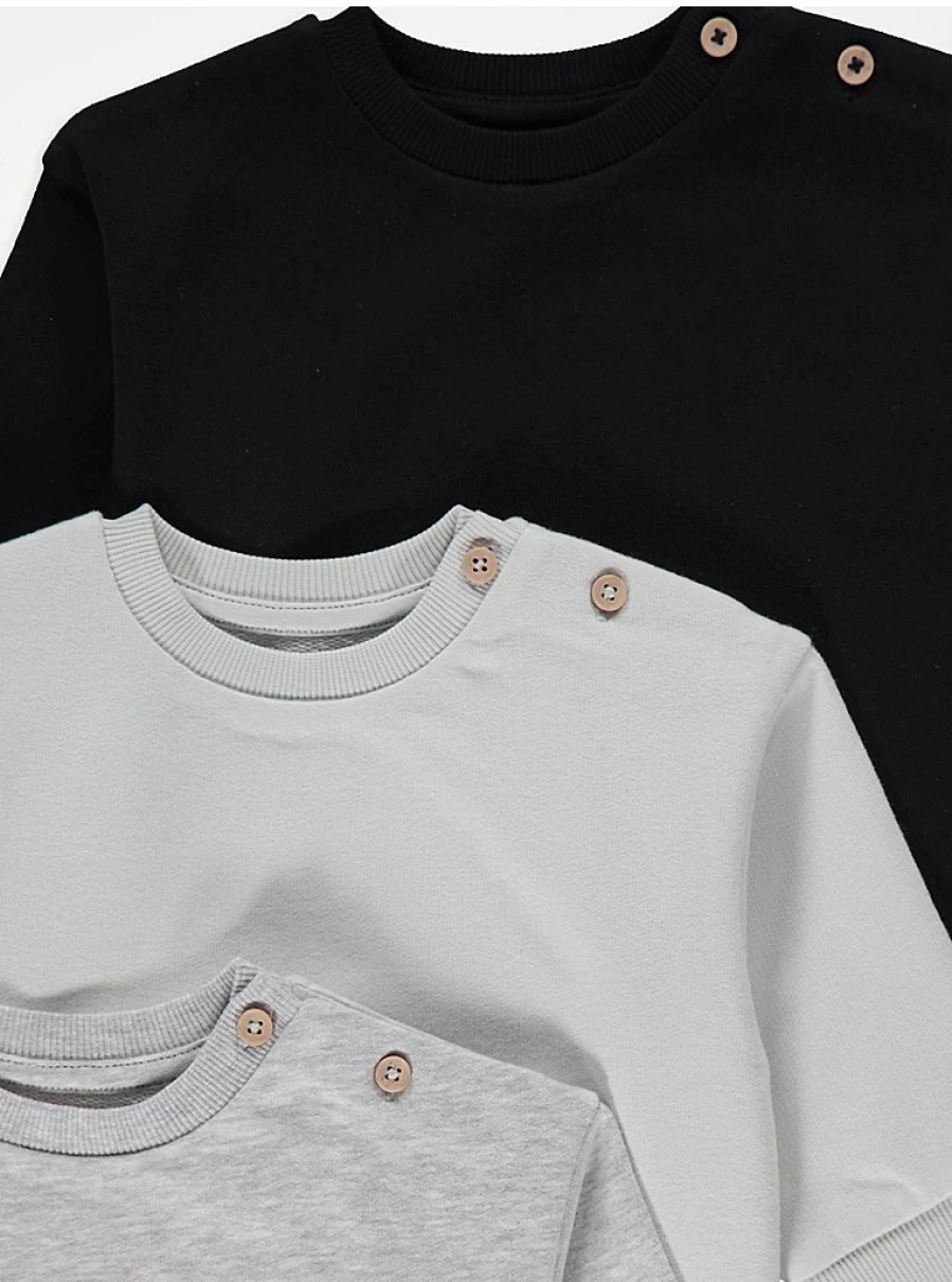 "George at Asda Baby Button Shoulder Sweatshirts 3-Pack | Soft Cotton Comfort"