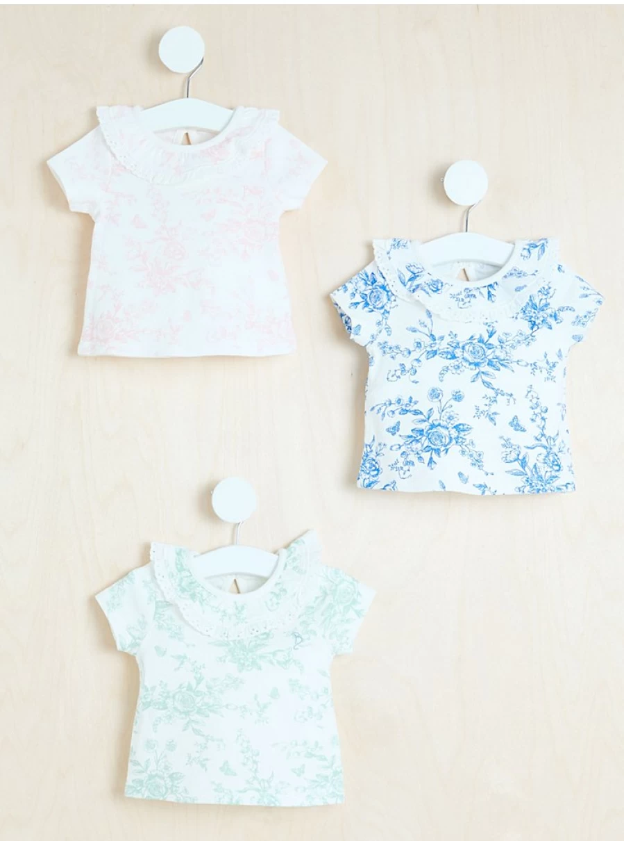 George at Asda Baby Girls' Floral Frill Neck Tops 3-Pack - Soft Cotton Blouses for Infants