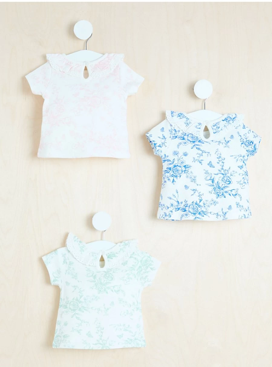 George at Asda Baby Girls' Floral Frill Neck Tops 3-Pack - Soft Cotton Blouses for Infants