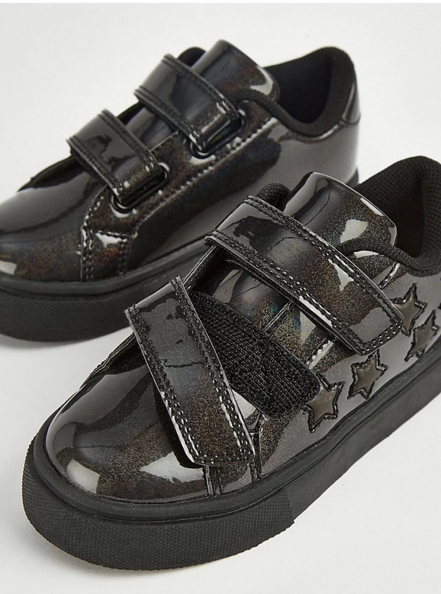 George at Asda Black Glitter Patent Light Up Sneakers for School | Comfortable Cupsole Trainers with Sparkle Design