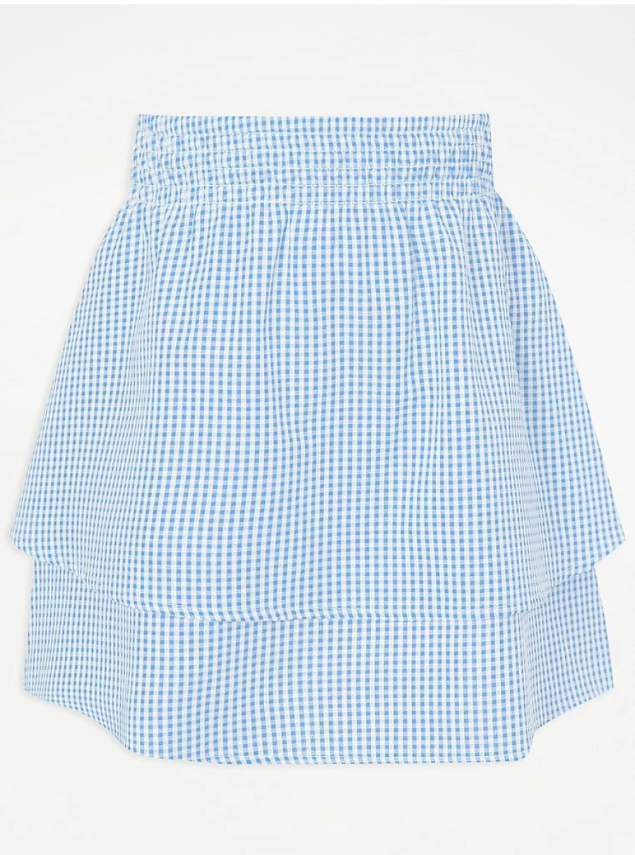 "Girls' Light Blue Gingham Layered School Skirt by George at Asda – Comfortable & Stylish Uniform Choice"