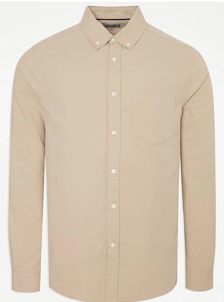 Men's Stone Regular Fit Long Sleeve Oxford Shirt by George at Asda | Comfort & Style