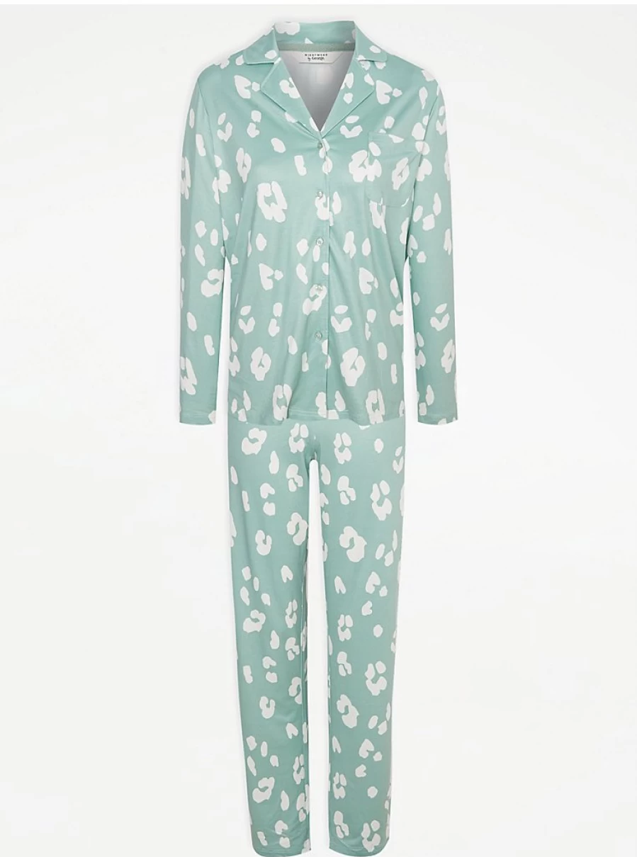 George at Asda Green Animal Print Shirt Pyjamas - Soft Cotton Sleepwear for Women