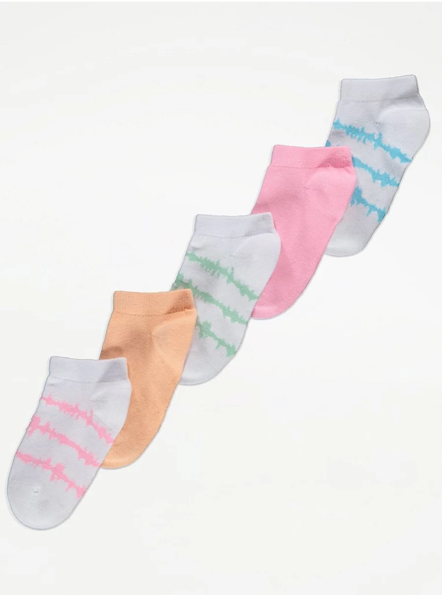 Bright Colorful Tie-Dye Striped Trainer Liner Socks 5-Pack for Kids - George at Asda Comfortable Breathable Children's Ankle Socks