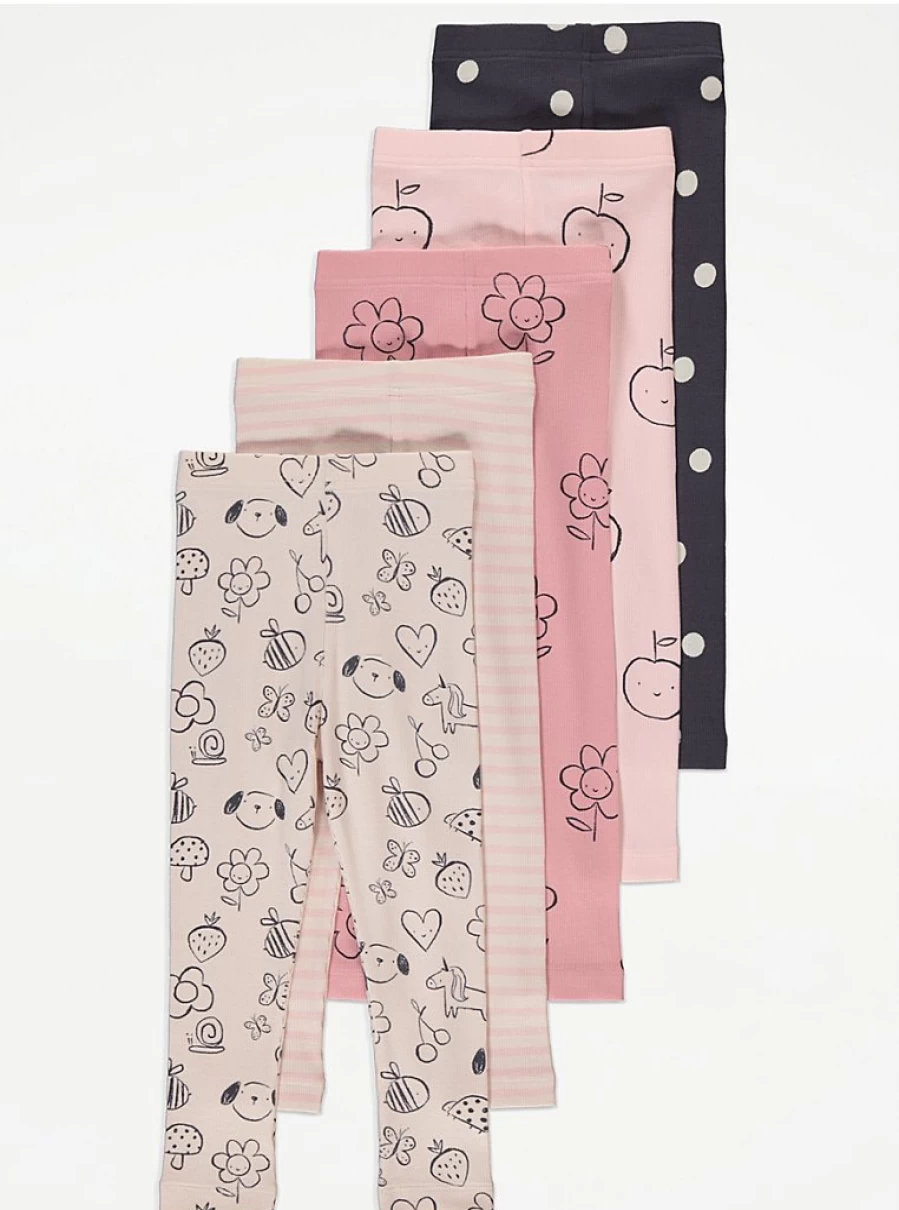 "George at Asda Kids' Fun Ribbed Leggings 5-Pack | Comfortable & Stylish"