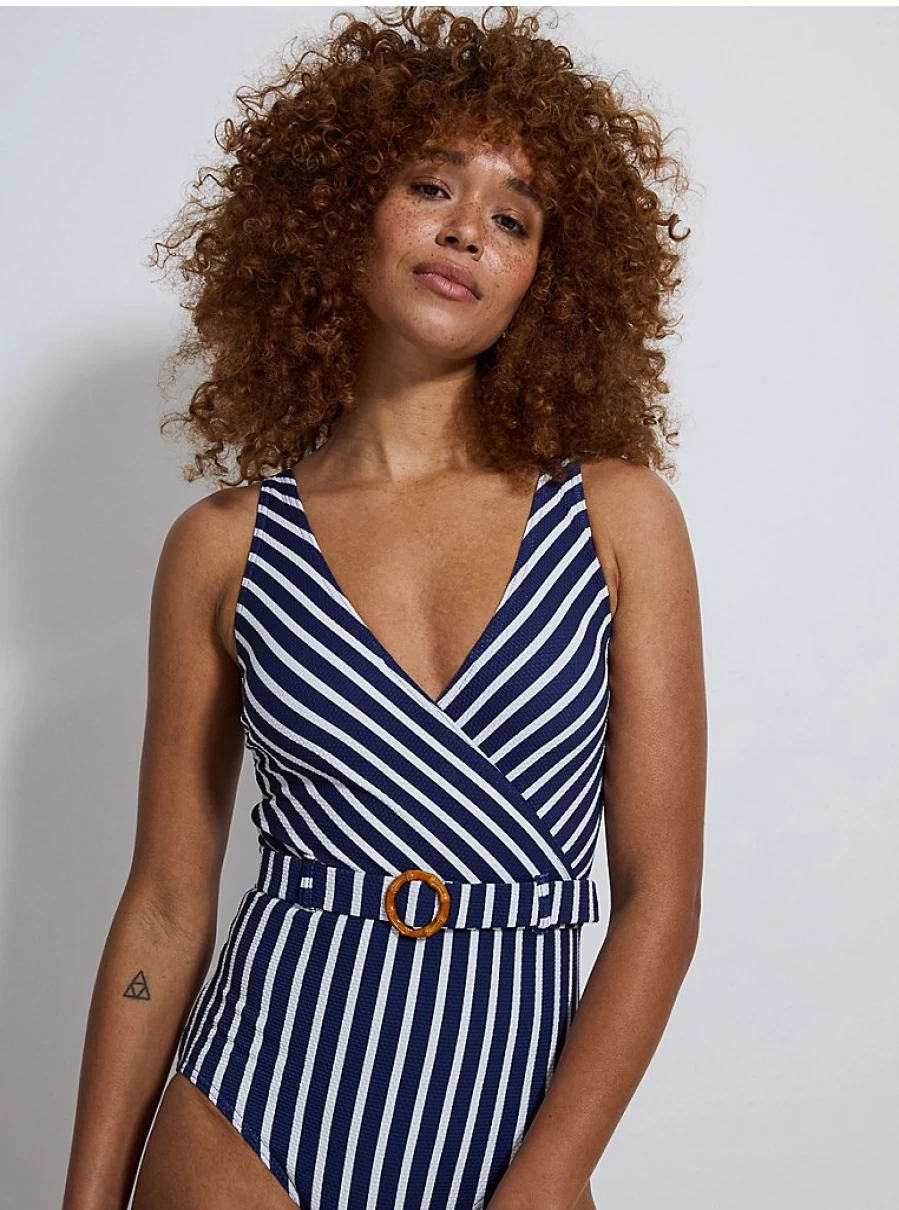 Women's Navy Post-Surgery Swimsuit with Striped Belted Wrap Design | George at Asda