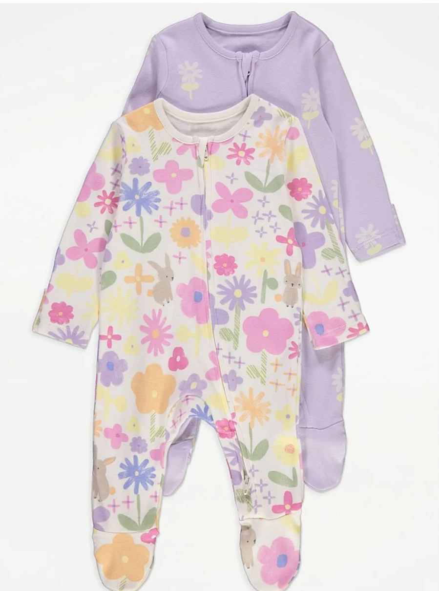 George at Asda Baby Bunny Flower Sleepsuits 2-Pack with 2-Way Zip Fastener
