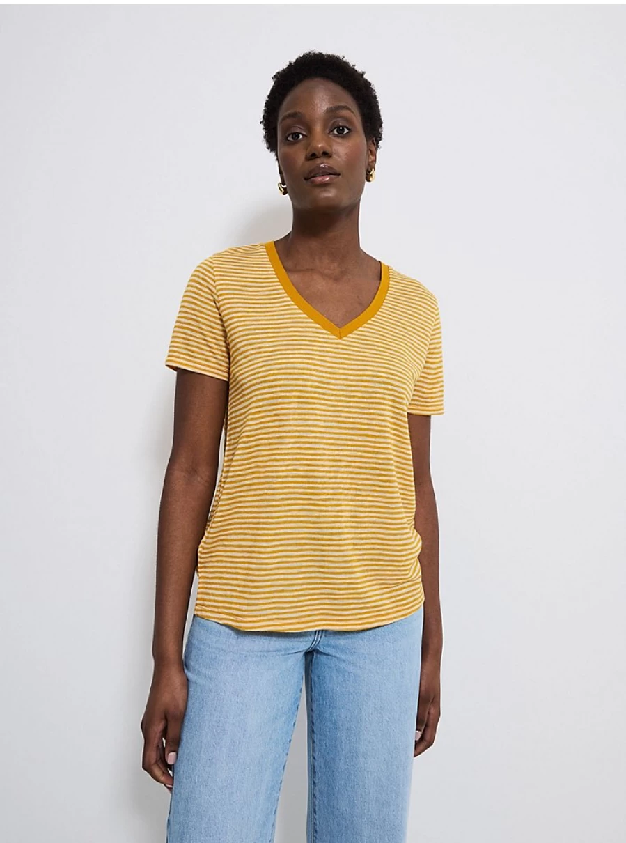 Women's Ochre Striped V-Neck Top - Linen Blend Casual Tee | George at Asda
