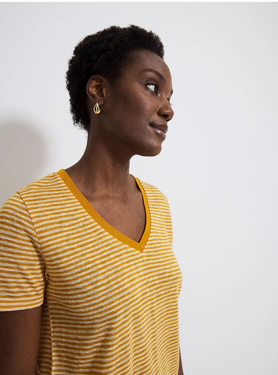 Women's Ochre Striped V-Neck Top - Linen Blend Casual Tee | George at Asda