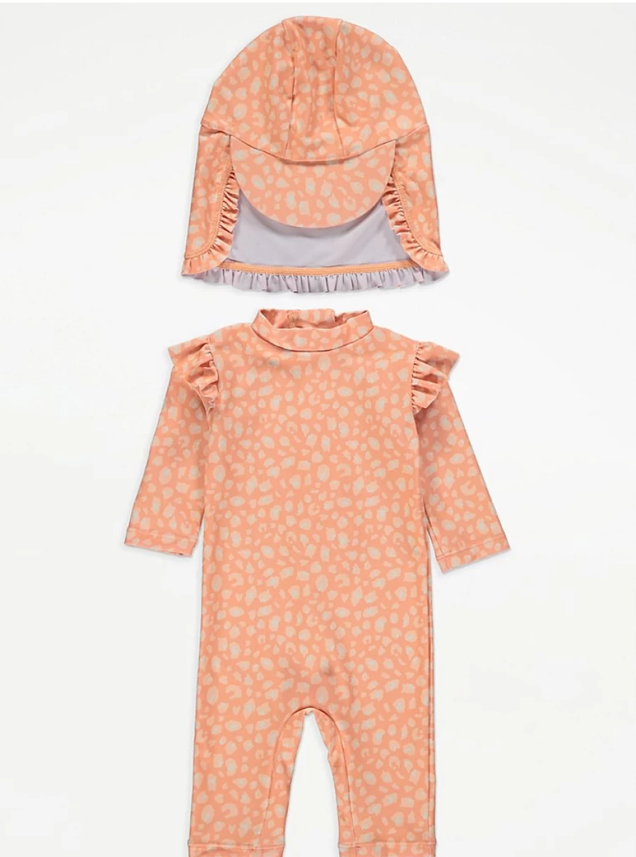 Orange Leopard Print Baby Sunsafe Swimsuit with Keppi Hat - George at Asda UV Protection One-Piece Review