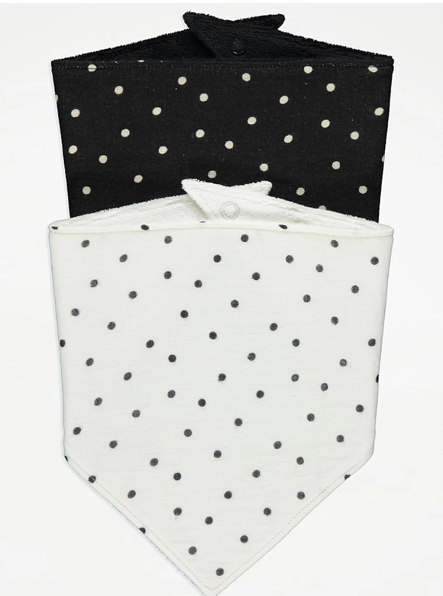 George at Asda Baby Monochrome Polka Dot Dribble Bibs 2-Pack - Soft, Absorbent, and Washable for Newborns & Infants