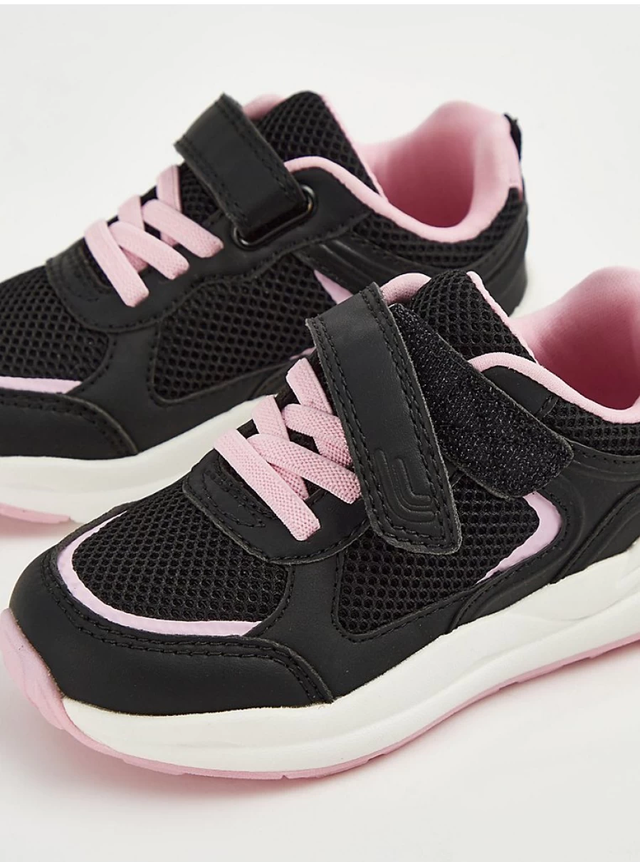 "George at Asda Kids' Black Mesh & Pink Lace Single Strap Trainers - Lightweight Comfort Shoes"