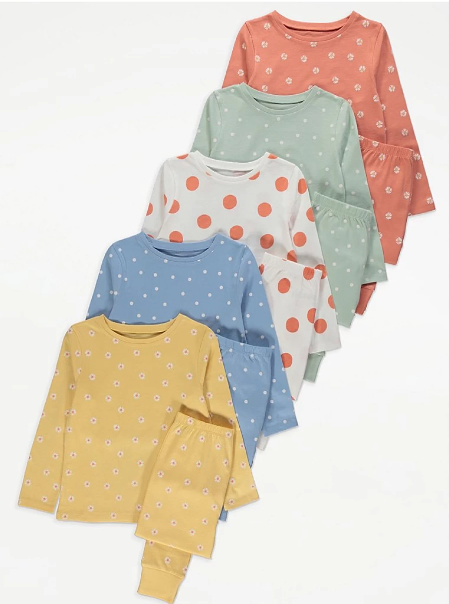 "George at Asda Kids' Spot and Flower Print Long Sleeve Pyjamas 5-Pack – Comfortable & Stylish Sleepwear Set"
