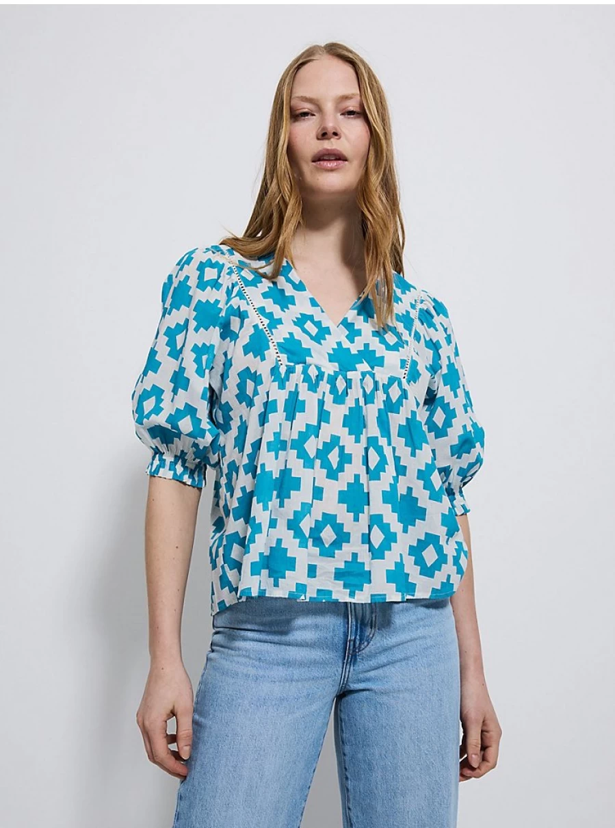 "George at Asda Women's Blue Geometric Print Wrap Front Blouse – Stylish & Comfortable"