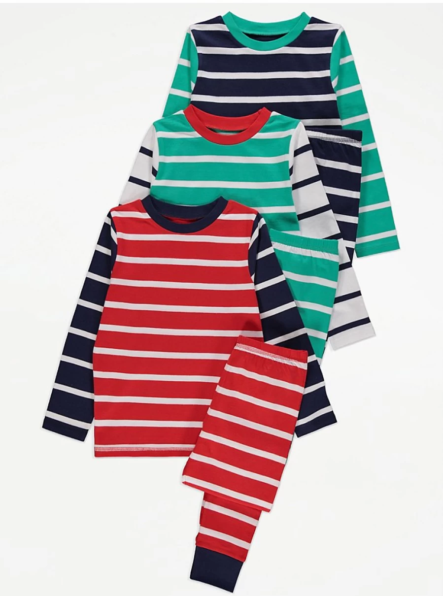 "George at Asda Boys' Bright Striped Long Sleeve Pyjamas 3-Pack – Comfortable Kids Sleepwear Set"