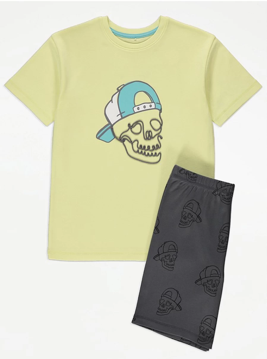 "George at Asda Boys' Yellow Skull Print Short Pyjamas – Comfortable Kids Sleepwear"