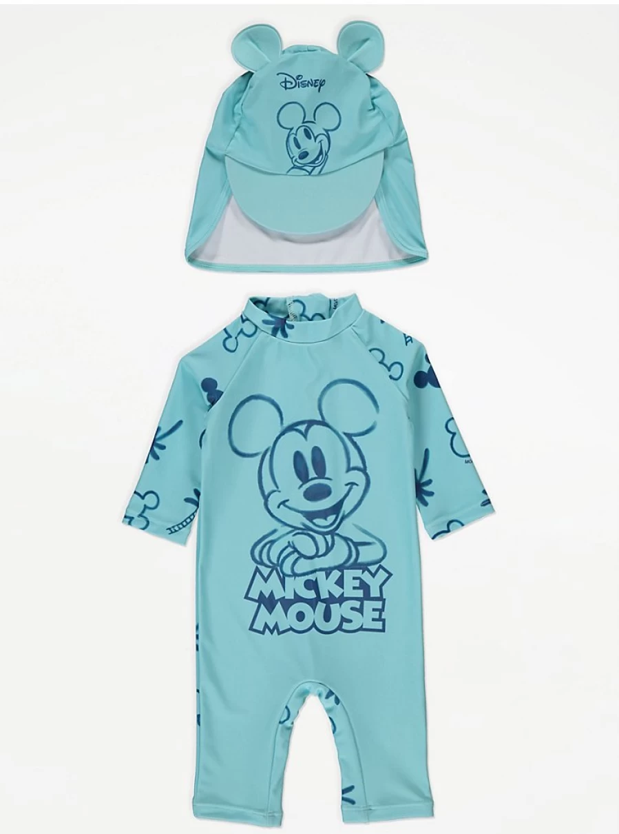 Disney Baby Mickey Mouse Blue Sunsafe Swimsuit & Hat Set - George at Asda