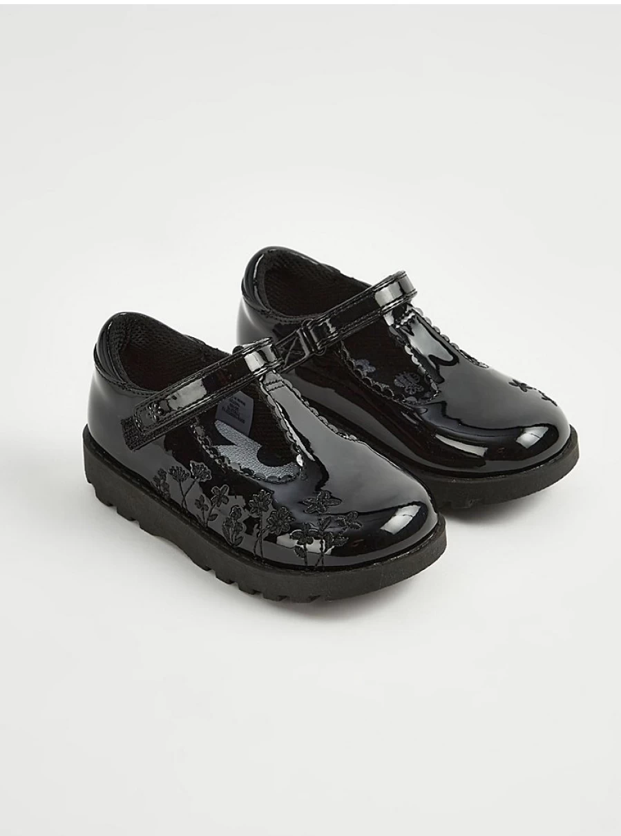 George at Asda Black Patent Leather School Shoes with Floral Embroidery Design | Women's & Girls' Stylish Footwear